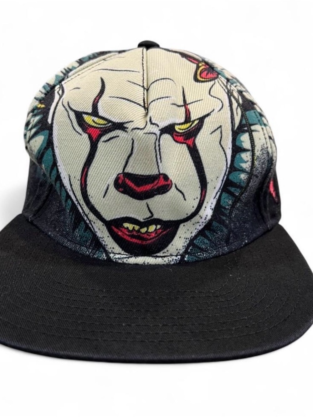 Graphic Pennywise IT Clown Face Snapback Hat in Black
